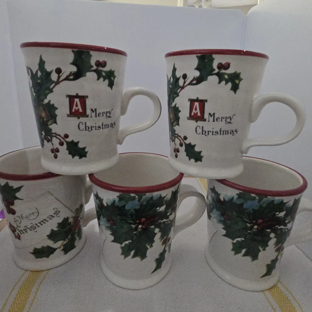 Williams Sonoma Christmas Mugs - Red and Green Holly Design
